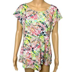 Relativity Womens L Stretch Multicolor Yellow Pink Cap Short Sleeve Shirt Blouse